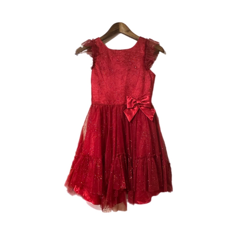 Jona Michelle Glitter Tulle Party Dress Kids 12 Red Good Sleeveless Bow CO5665